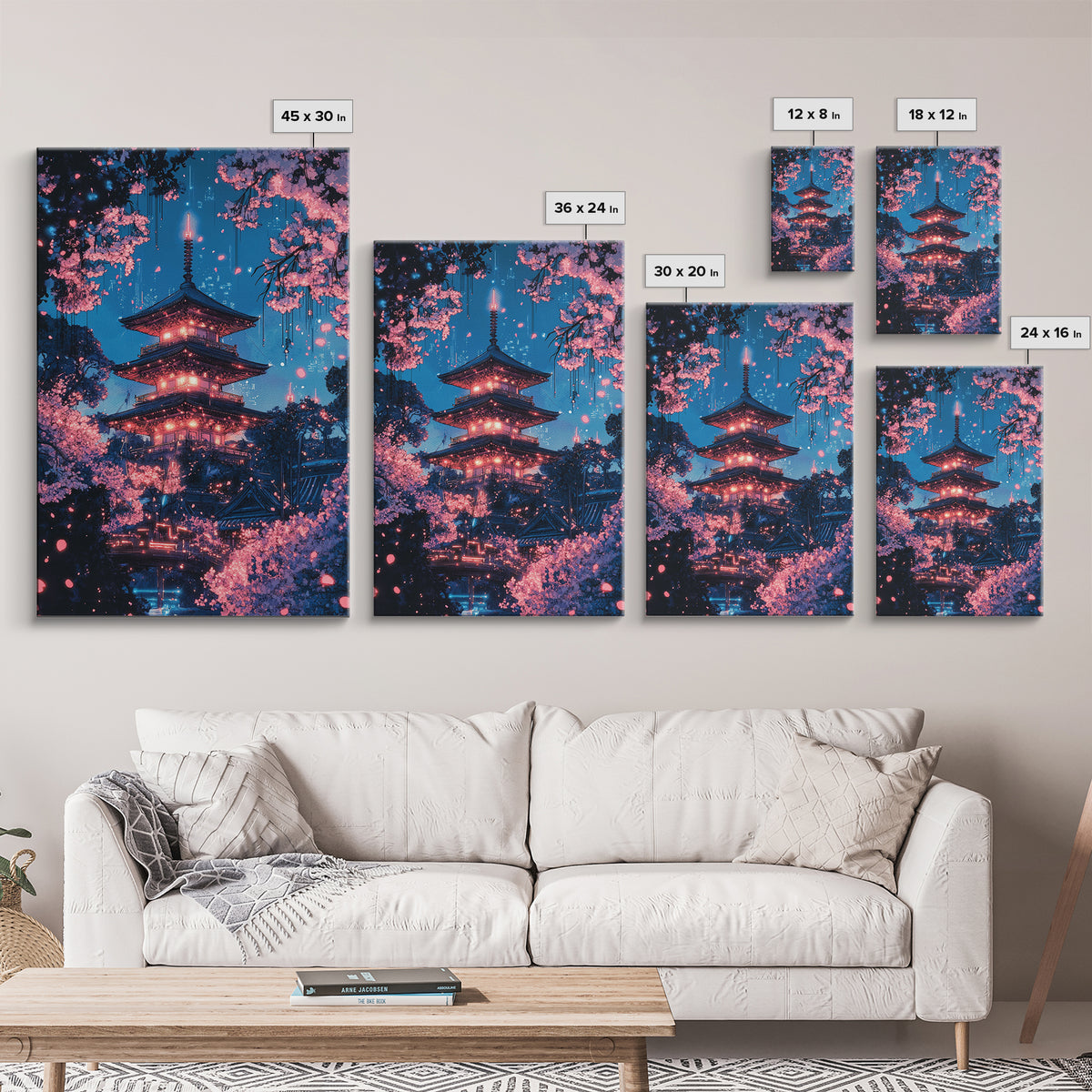 Neon Night Pagoda In Cherry Blossom Rain Framed Canvas Print, Japanese Wall Art, Cyberpunk Cherry Blossom Decor For Modern Living Room
