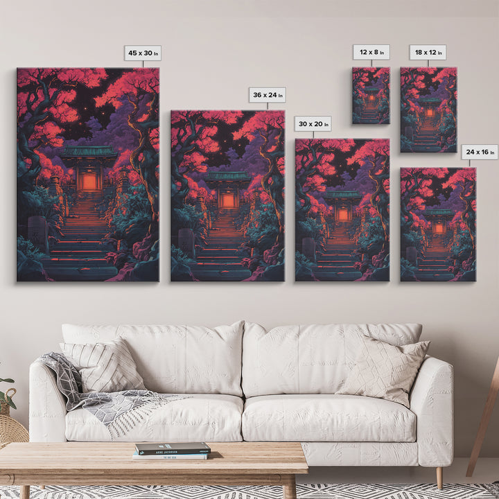 Moonlit Red Maple Shrine Stairway Wall Art, Dark Japanese Garden Print, Moody Gothic Decor For Bedroom And Living Room Gift