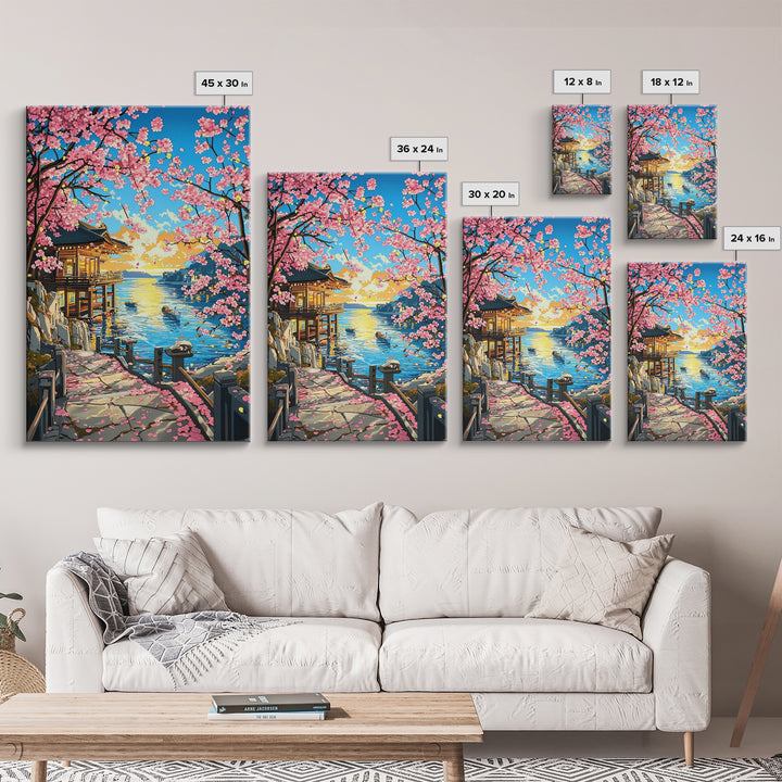 Sunset Seaside Temple With Cherry Blossoms Framed Canvas Print, Japanese Coastal Wall Art, Bright Zen Home Decor Gift For Her