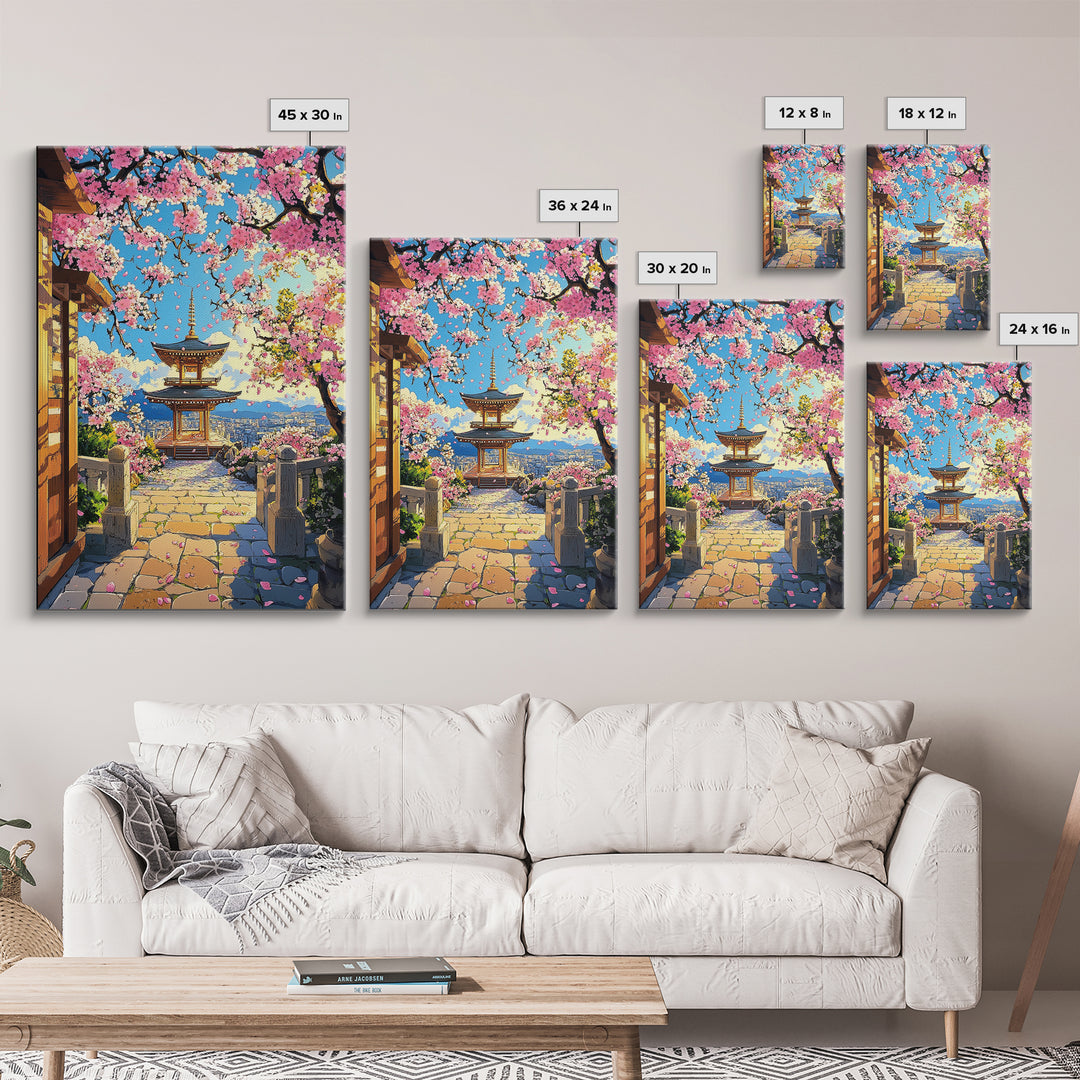 Hilltop Pagoda Under Pink Cherry Blossoms Canvas Print, Japanese Cityscape Wall Art, Bright Spring Decor For Living Room
