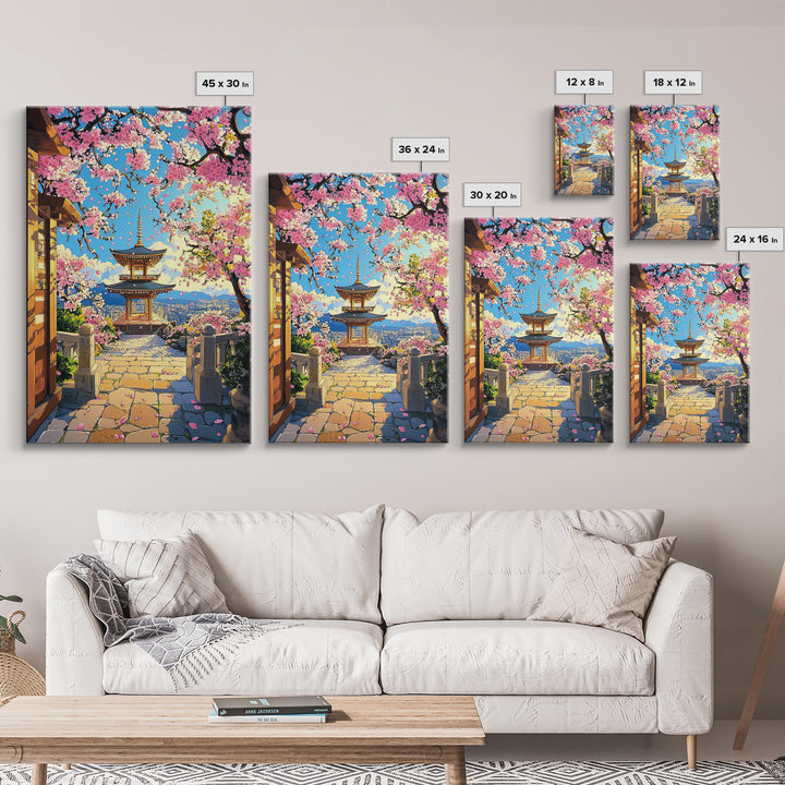 Hilltop Pagoda Under Pink Cherry Blossoms Canvas Print, Japanese Cityscape Wall Art, Bright Spring Decor For Living Room