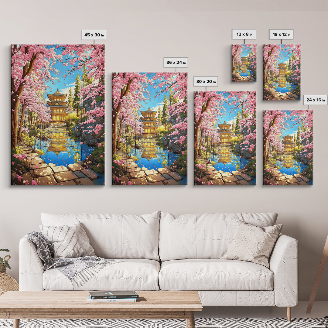 Golden Temple Reflected In Cherry Blossom Canal Wall Art, Japanese Garden Canvas Print, Colorful Spring Living Room Decor
