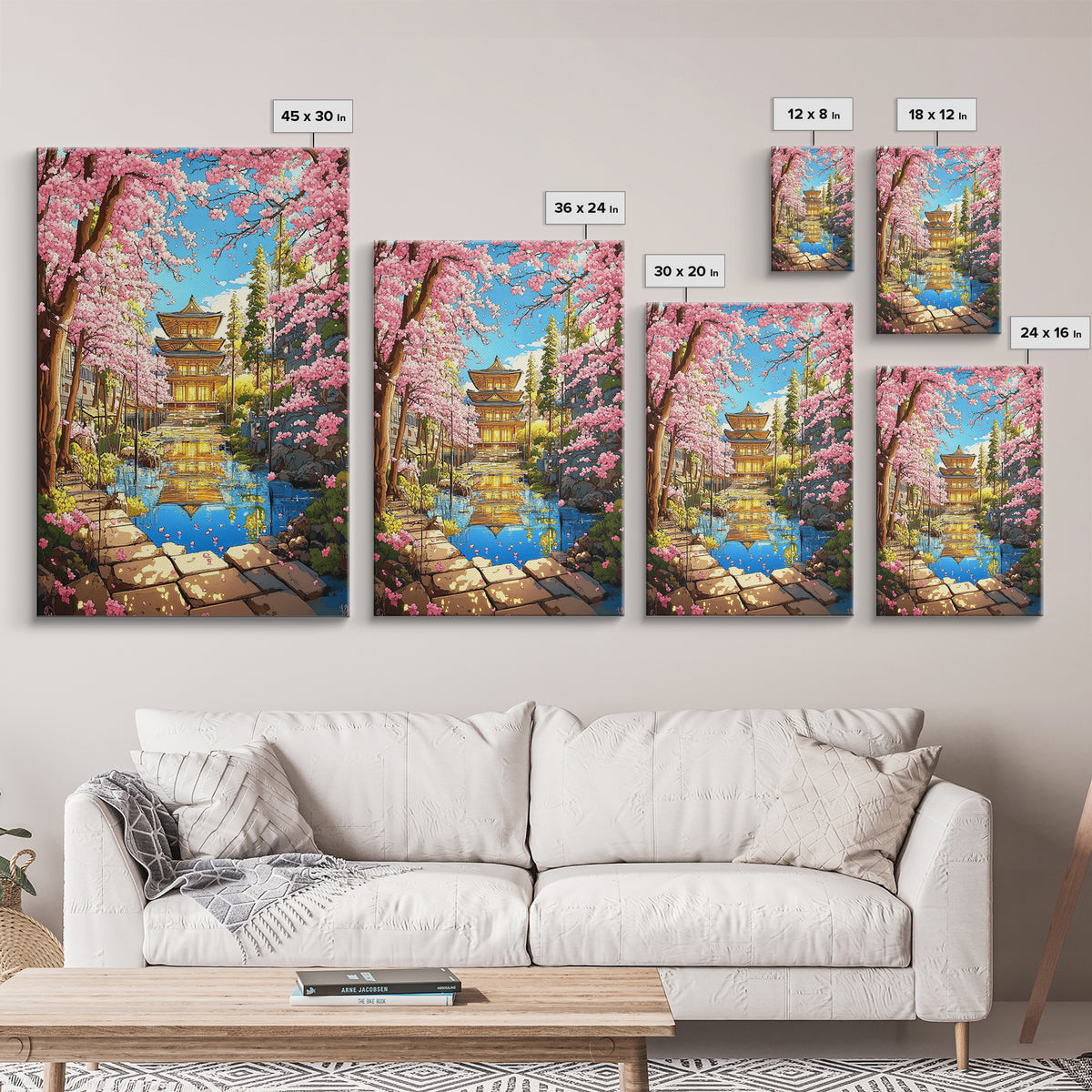 Golden Temple Reflected In Cherry Blossom Canal Wall Art, Japanese Garden Canvas Print, Colorful Spring Living Room Decor
