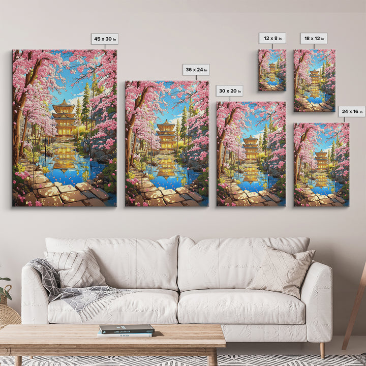 Golden Temple Reflected In Cherry Blossom Canal Wall Art, Japanese Garden Canvas Print, Colorful Spring Living Room Decor