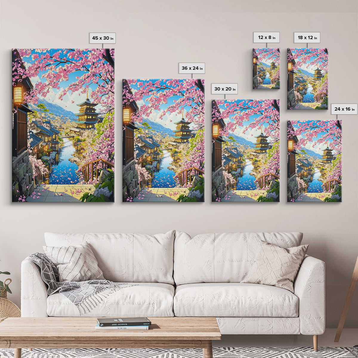 Cherry Blossom Hillside Town With Pagoda Framed Canvas Print, Japanese Cityscape Wall Art, Coastal Spring Home Decor Gift For Her