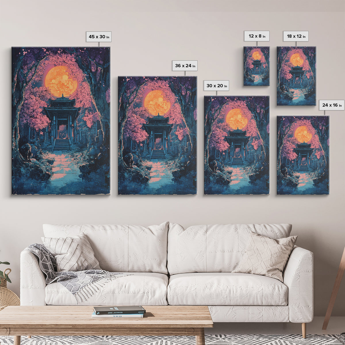 Full Moon Shrine In Pink Cherry Blossom Grove Wall Art, Mystical Japanese Landscape Print, Moody Celestial Bedroom Decor