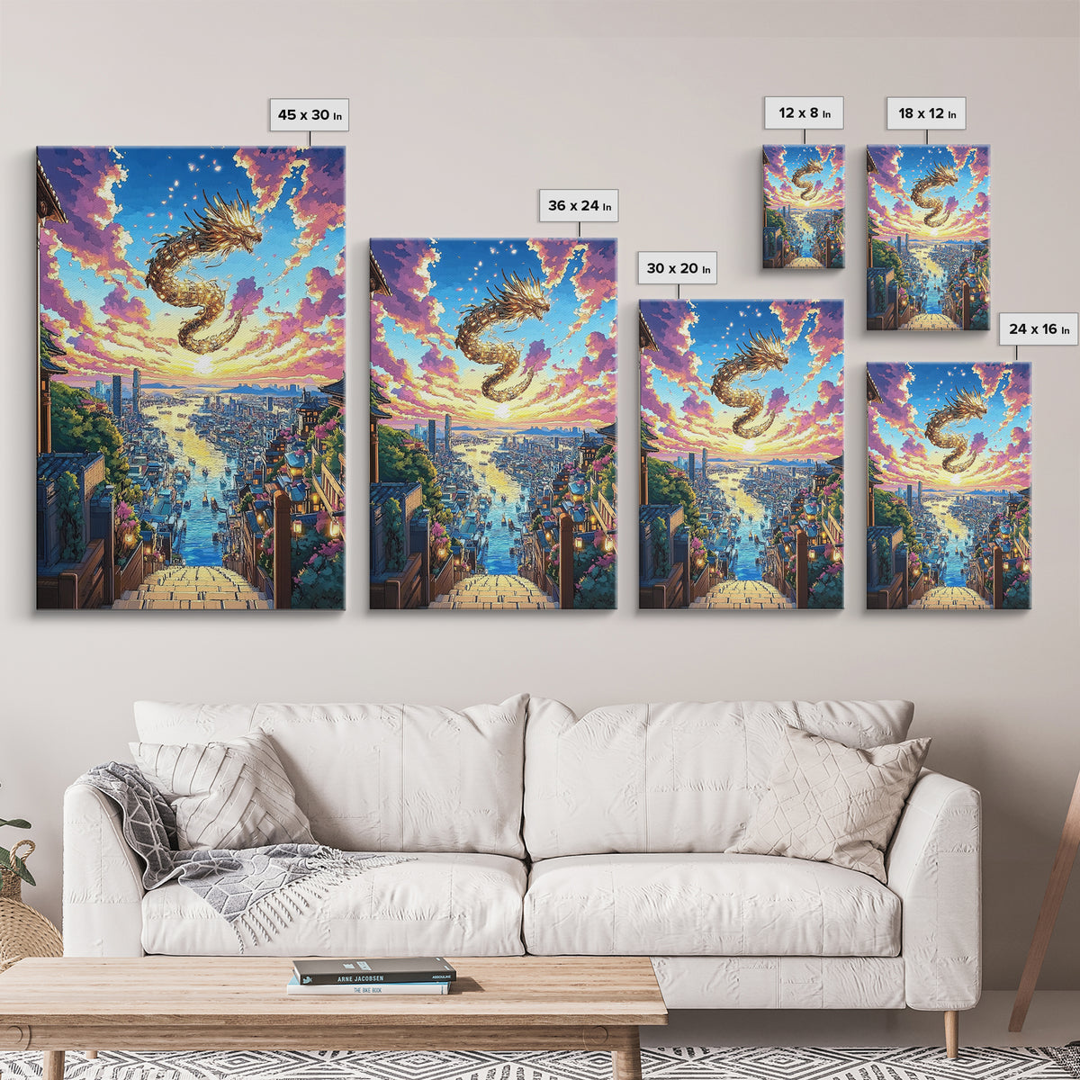 Golden Dragon City Sunset Canvas Print, Japanese Fantasy Wall Art, Vibrant Urban Landscape, Gamer Room Decor, Unique Gift