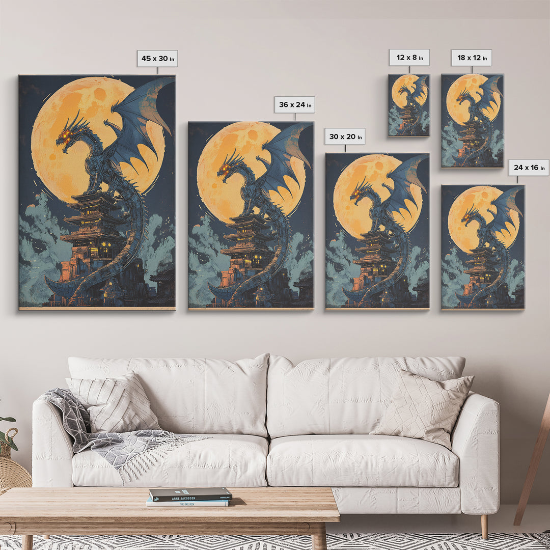 Full Moon Dragon Pagoda Wall Art, Dark Fantasy Print, Gothic Japanese Decor, Moody Canvas Wall Art Gift For Him, Office Decor