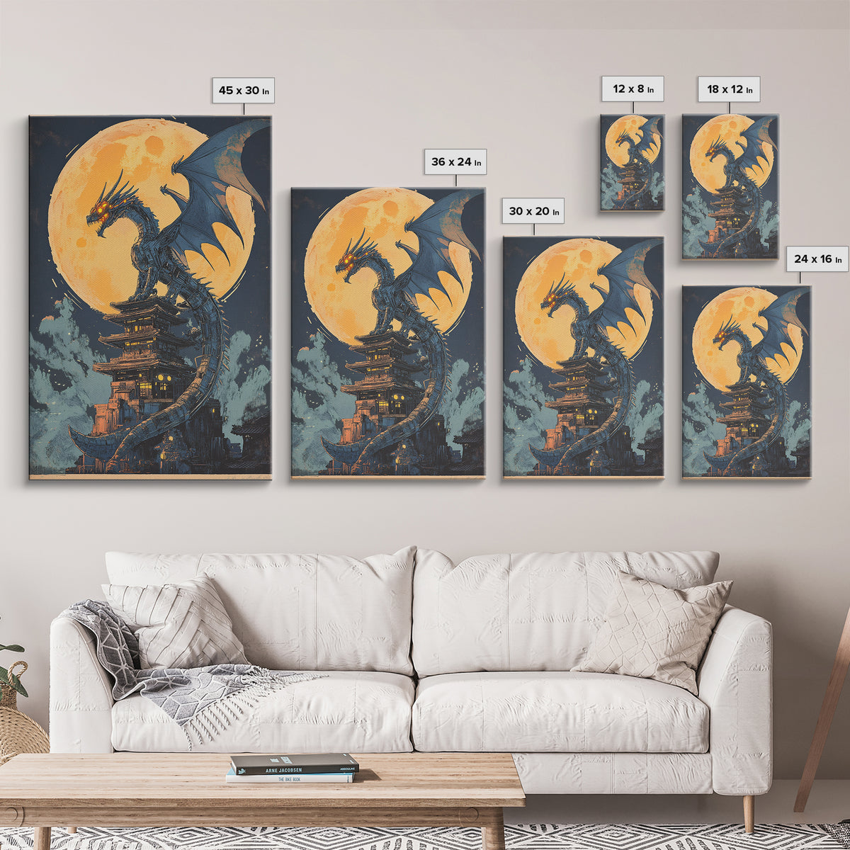 Full Moon Dragon Pagoda Wall Art, Dark Fantasy Print, Gothic Japanese Decor, Moody Canvas Wall Art Gift For Him, Office Decor