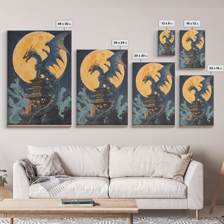 Full Moon Dragon Pagoda Wall Art, Dark Fantasy Print, Gothic Japanese Decor, Moody Canvas Wall Art Gift For Him, Office Decor