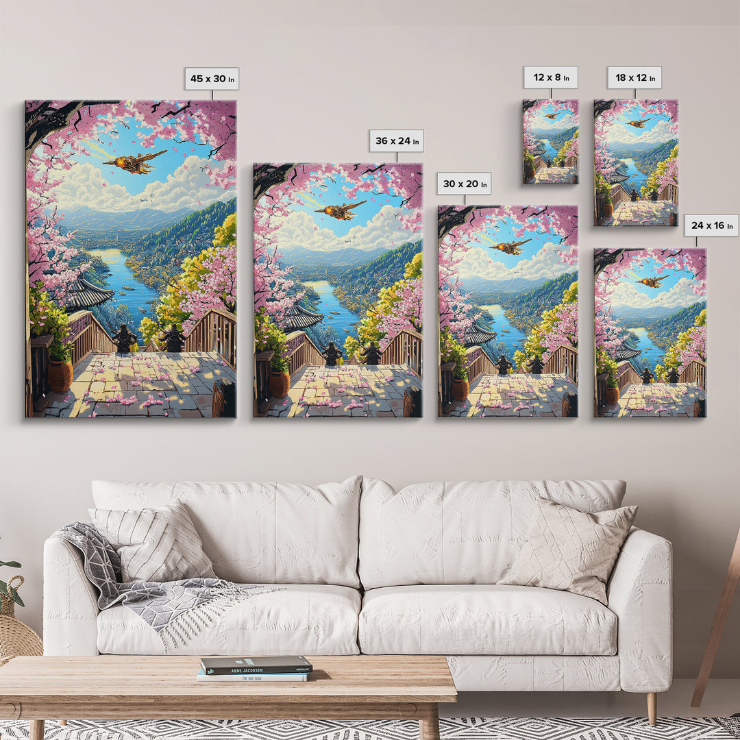 Airship Over Sakura Lake Wall Art, Fantasy Landscape Print, Japanese Mountain Decor, Whimsical Home Decor Gift For Her