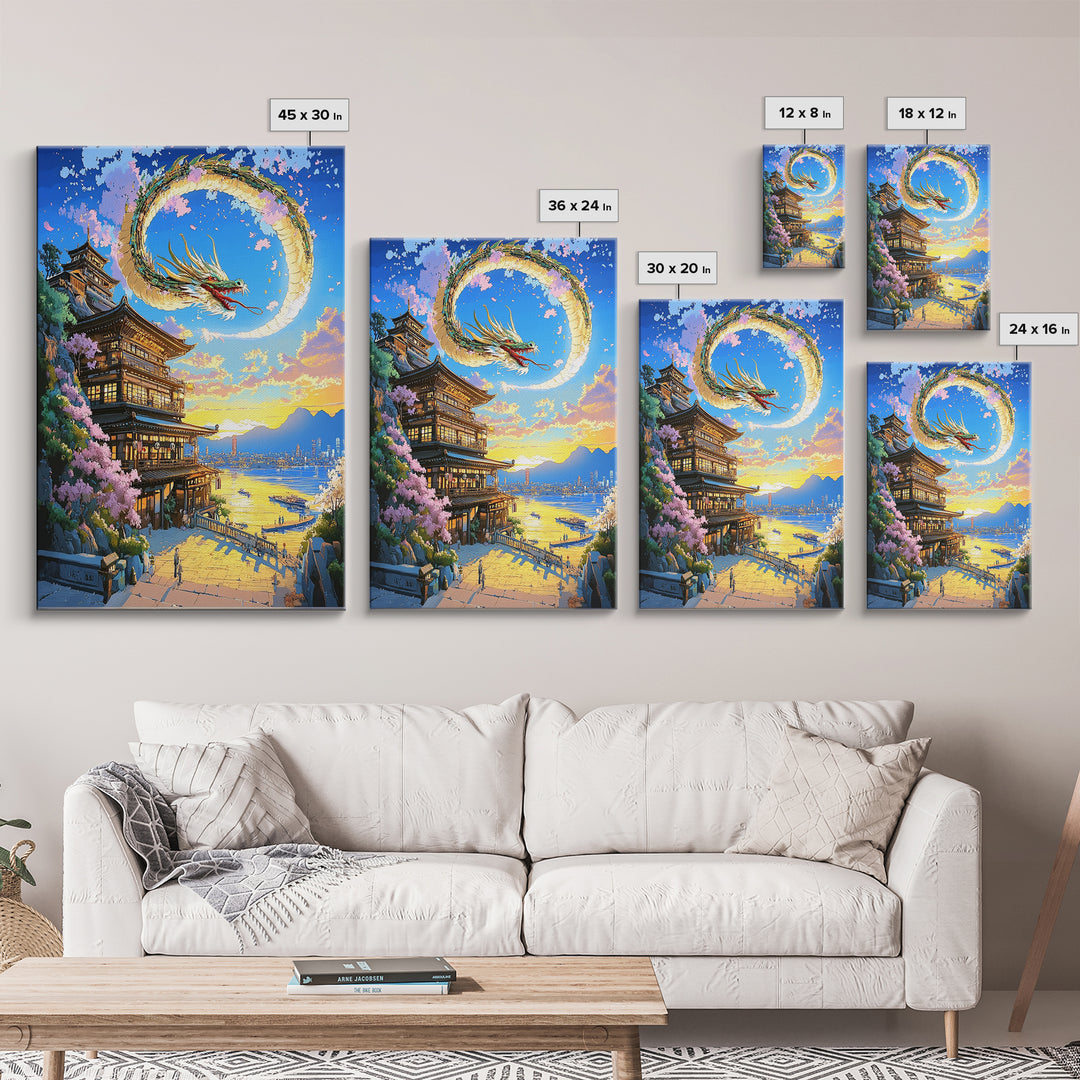 Crescent Dragon Seaside Temple Framed Canvas Print, Japanese Wall Art, Fantasy Coastal Decor, Statement Home Decor Gift