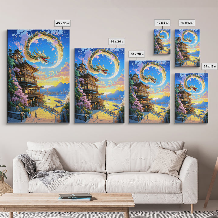 Crescent Dragon Seaside Temple Framed Canvas Print, Japanese Wall Art, Fantasy Coastal Decor, Statement Home Decor Gift