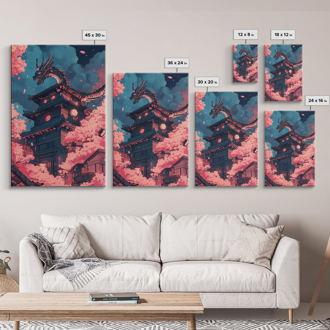 Cherry Blossom Dragon Tower Wall Art, Japanese Fantasy Canvas Print, Anime Pagoda Decor, Sakura Night Living Room Art Home Decor