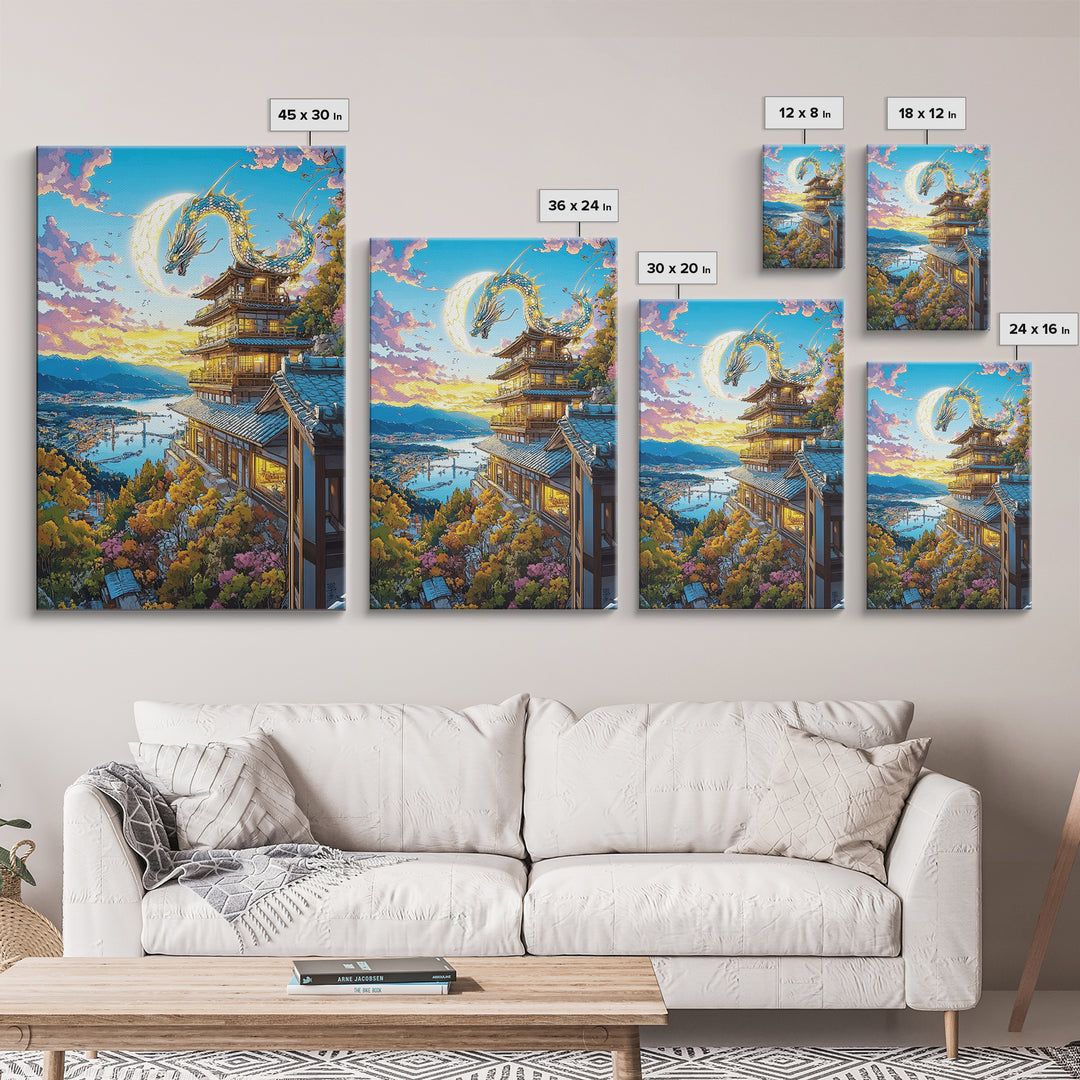 Golden Moon Dragon Temple Framed Canvas Print, Japanese Fantasy Wall Art, Sakura Landscape Decor, Living Room Art Home Decor