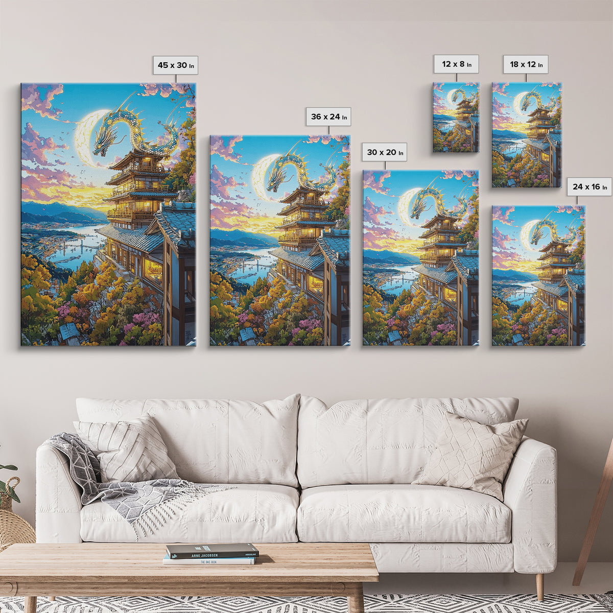 Golden Moon Dragon Temple Framed Canvas Print, Japanese Fantasy Wall Art, Sakura Landscape Decor, Living Room Art Home Decor