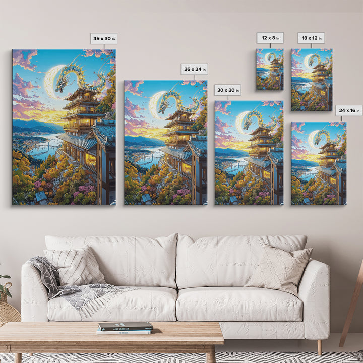 Golden Moon Dragon Temple Framed Canvas Print, Japanese Fantasy Wall Art, Sakura Landscape Decor, Living Room Art Home Decor