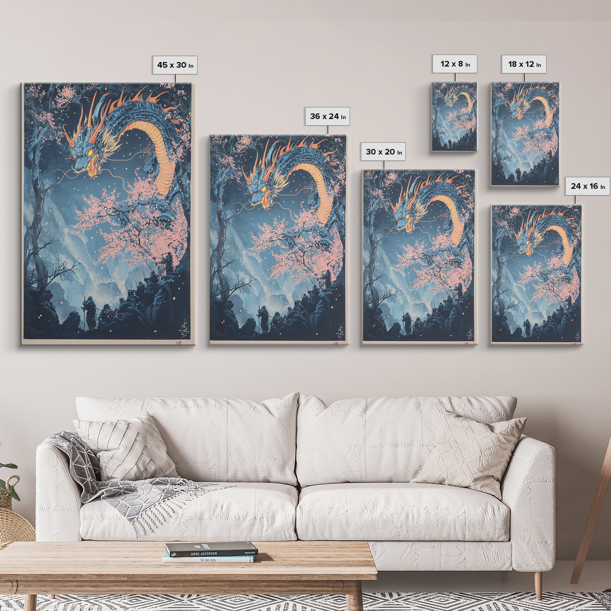 Blue Mountain Dragon Wall Art, Japanese Cherry Blossom Canvas Print, Ukiyo E Fantasy Decor, Asian Inspired Living Room Art Print