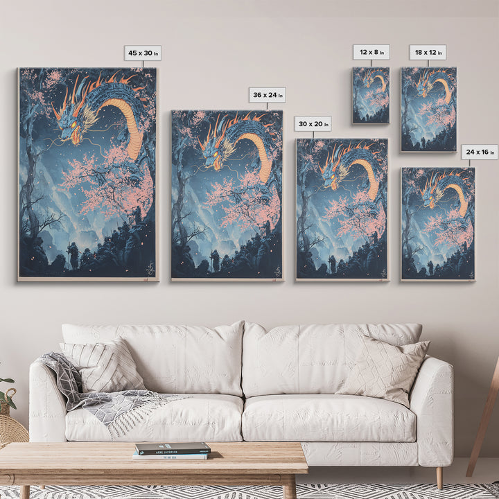 Blue Mountain Dragon Wall Art, Japanese Cherry Blossom Canvas Print, Ukiyo E Fantasy Decor, Asian Inspired Living Room Art Print