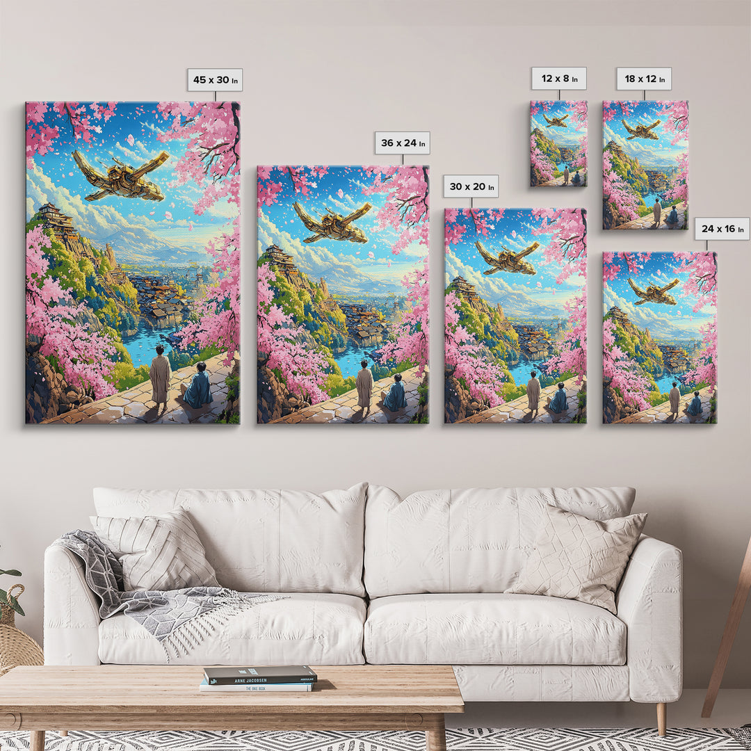 Flying Golden Airship Wall Art, Anime Sakura City Canvas Print, Japanese Fantasy Landscape Decor, Living Room Art Gift For Him