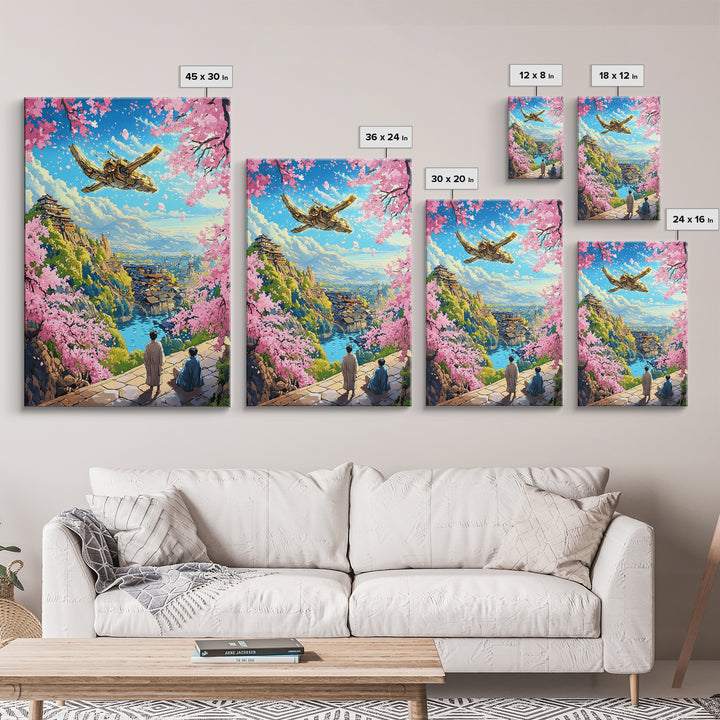 Flying Golden Airship Wall Art, Anime Sakura City Canvas Print, Japanese Fantasy Landscape Decor, Living Room Art Gift For Him