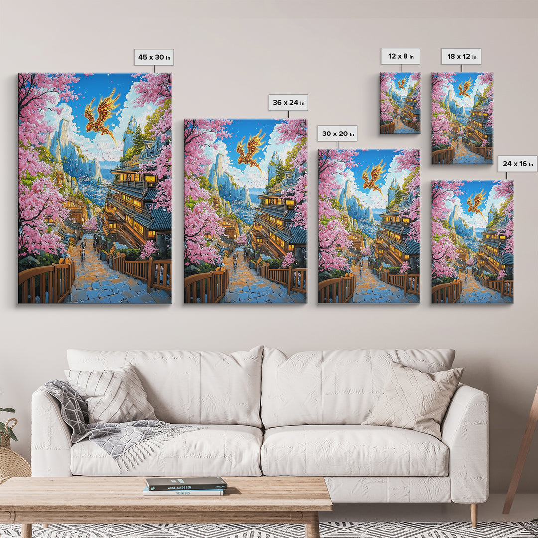 Golden Dragon Mountain Village Wall Art, Japanese Sakura Canvas Print, Anime Fantasy Landscape Decor, Colorful Living Room Art