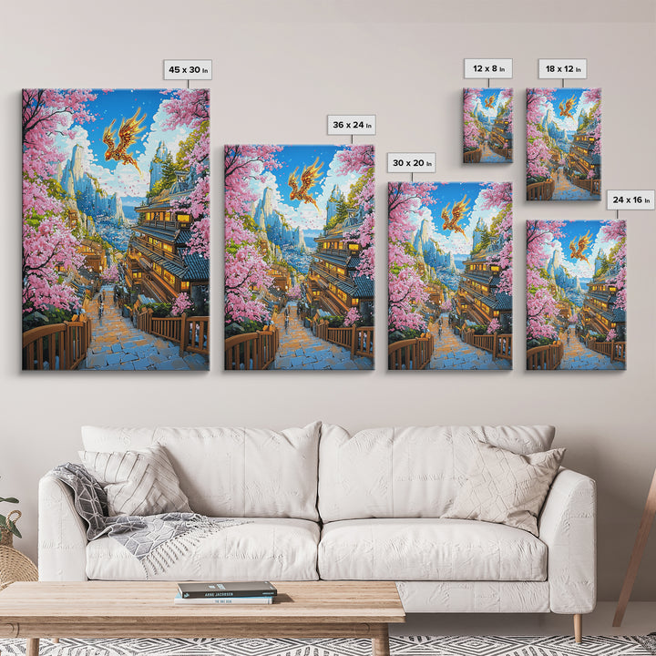 Golden Dragon Mountain Village Wall Art, Japanese Sakura Canvas Print, Anime Fantasy Landscape Decor, Colorful Living Room Art