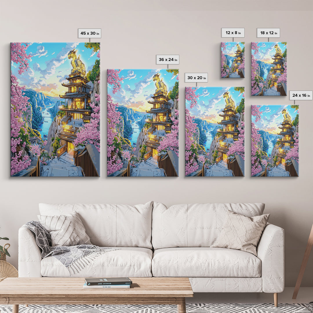 Cliffside Dragon Temple Framed Canvas Print, Sakura Mountain Landscape Wall Art, Japanese Fantasy Decor, Large Living Room Art