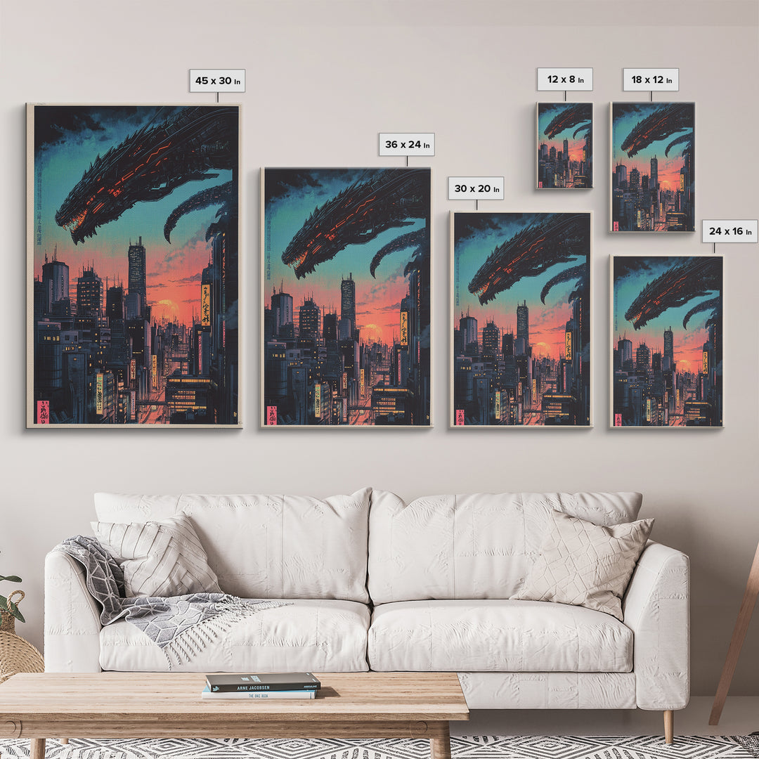 Cyberpunk Dragon City Wall Art, Neon Futuristic Skyline Canvas Print, Japanese Sci Fi Decor, Gaming Room Wall Art Gift For Him