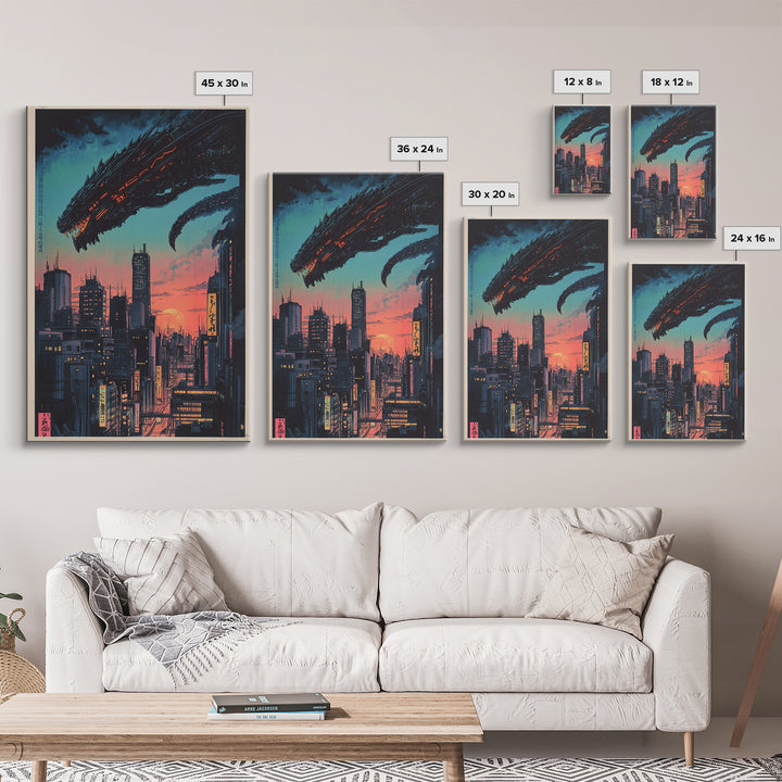 Cyberpunk Dragon City Wall Art, Neon Futuristic Skyline Canvas Print, Japanese Sci Fi Decor, Gaming Room Wall Art Gift For Him