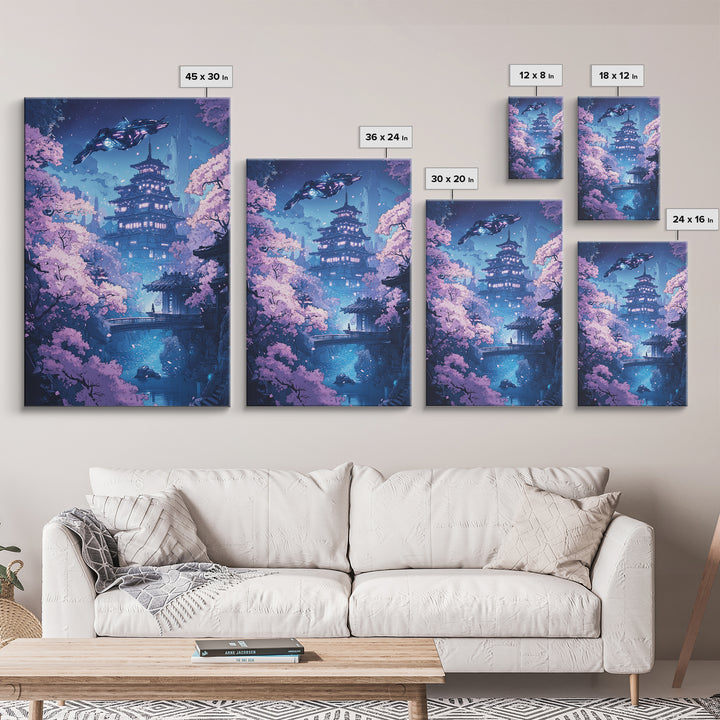 Futuristic Sakura Pagoda Wall Art, Purple Cherry Blossom Canvas Print, Sci Fi Japanese Landscape Decor, Bedroom Wall Art Gift For Her