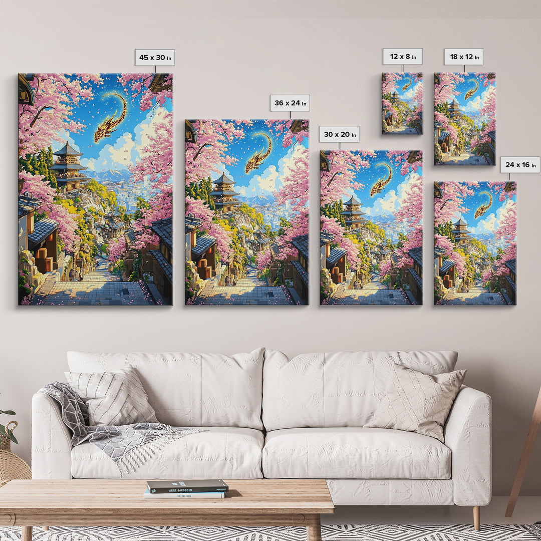 Golden Dragon Over Kyoto Pagoda Wall Art, Japanese Cherry Blossom Fantasy, Anime Landscape, Asian Home Decor, Living Room Art