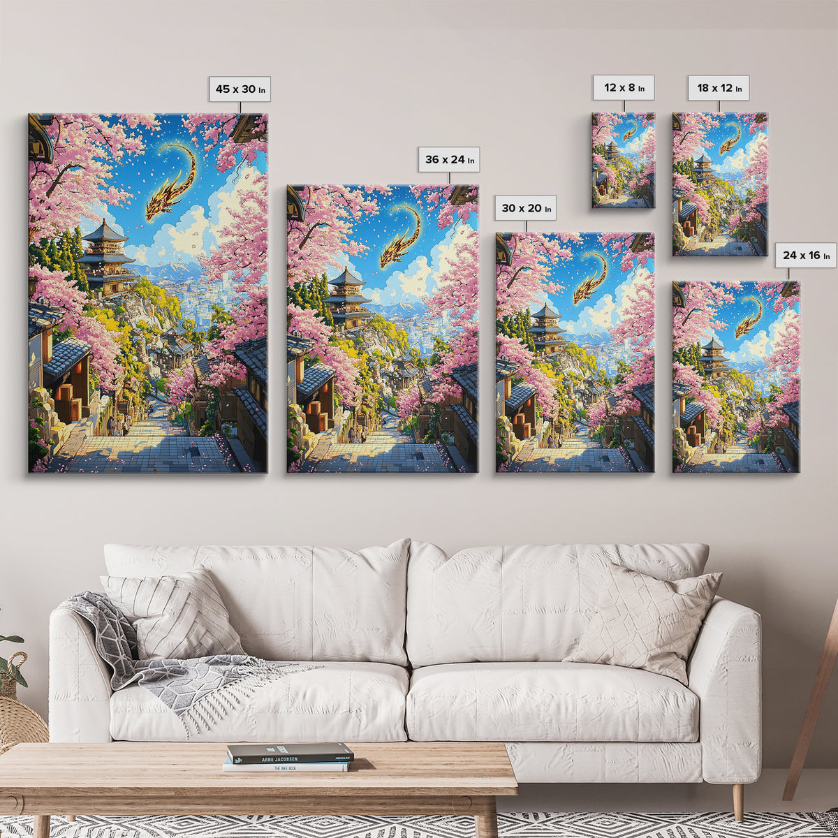 Golden Dragon Over Kyoto Pagoda Wall Art, Japanese Cherry Blossom Fantasy, Anime Landscape, Asian Home Decor, Living Room Art