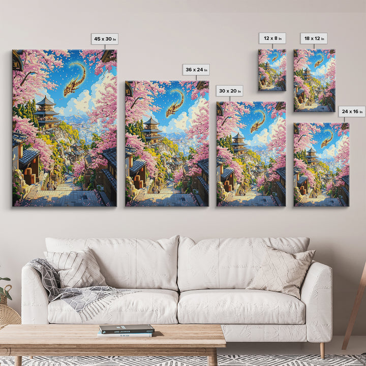 Golden Dragon Over Kyoto Pagoda Wall Art, Japanese Cherry Blossom Fantasy, Anime Landscape, Asian Home Decor, Living Room Art
