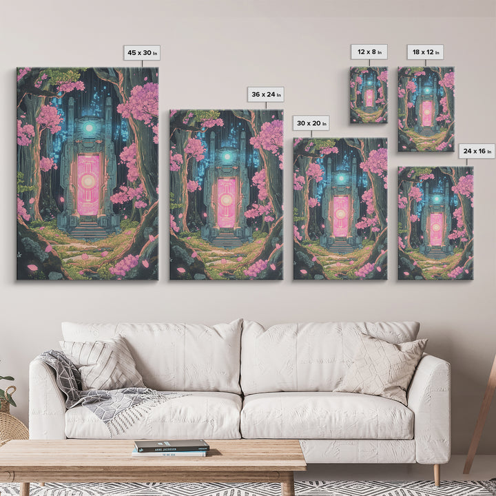 Neon Portal In Cherry Forest Framed Canvas Print, Cyberpunk Fantasy Wall Decor, Sci Fi Art, Modern Japanese Wall Art, Gaming Room Decor