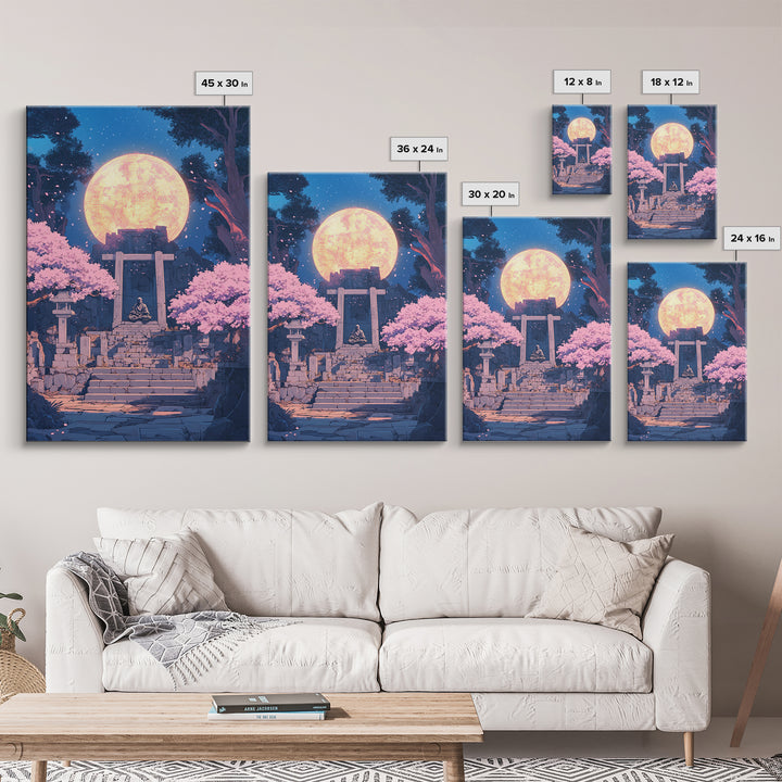 Glowing Moon Shrine With Meditating Monk Canvas Print, Japanese Wall Art, Cherry Blossom Decor, Zen Fantasy Living Room Art