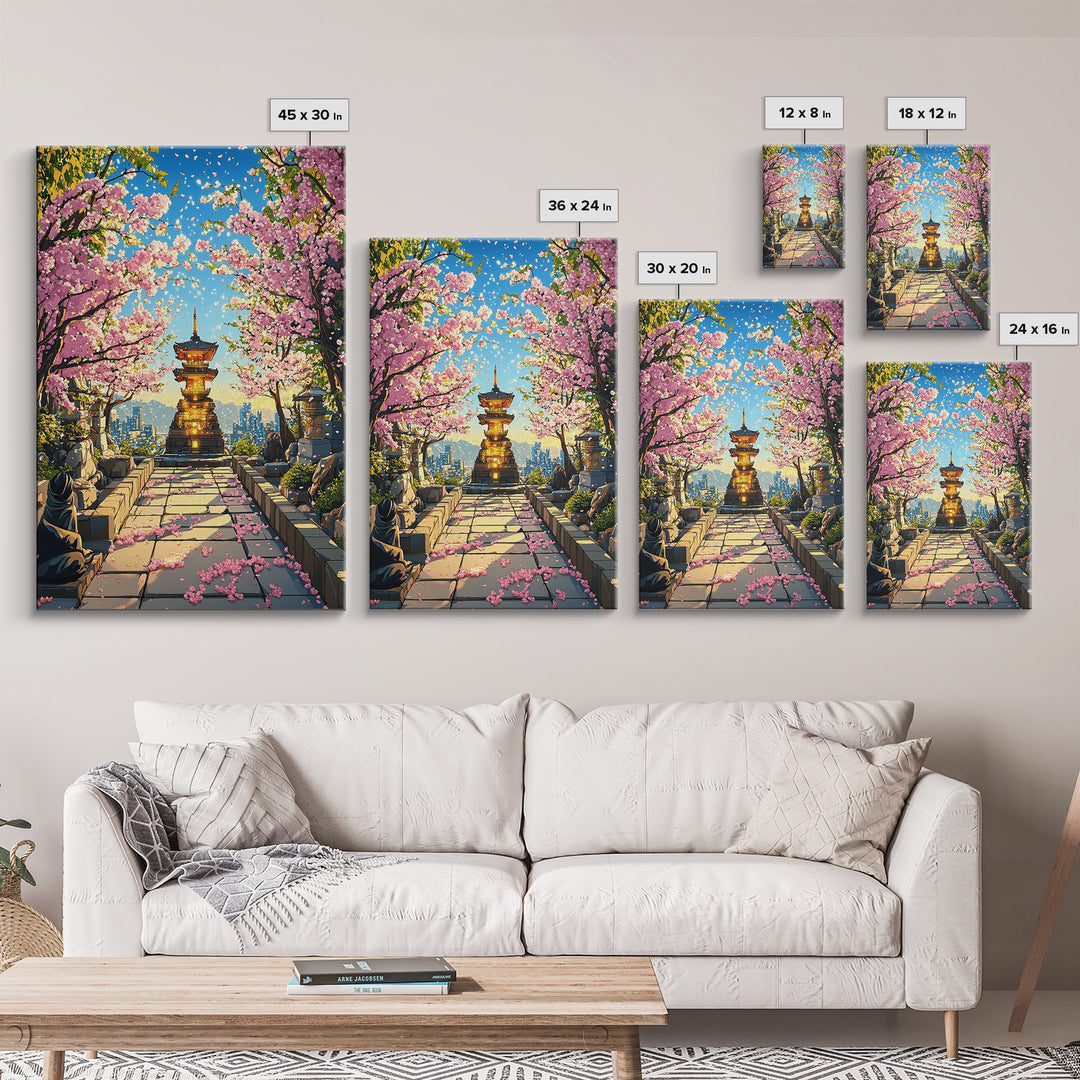 Cherry Blossom Pagoda Path Wall Art, Japanese Temple Landscape, Anime City Skyline, Spring Decor, Large Framed Canvas Print