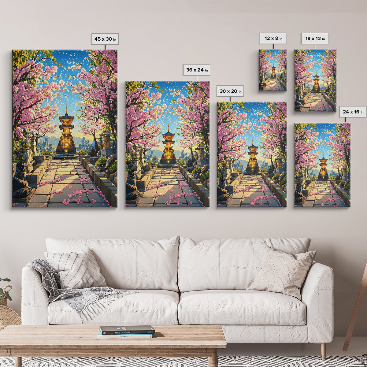 Cherry Blossom Pagoda Path Wall Art, Japanese Temple Landscape, Anime City Skyline, Spring Decor, Large Framed Canvas Print