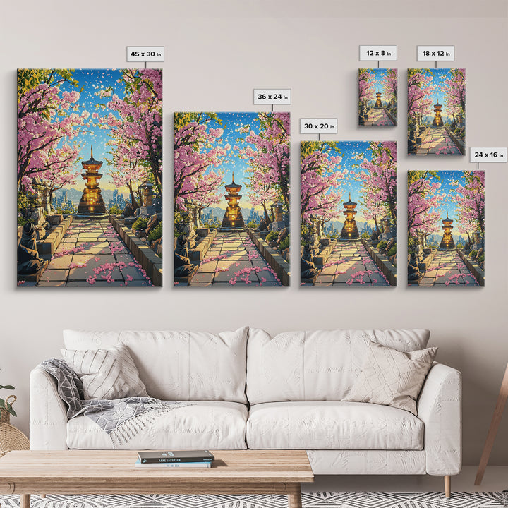 Cherry Blossom Pagoda Path Wall Art, Japanese Temple Landscape, Anime City Skyline, Spring Decor, Large Framed Canvas Print