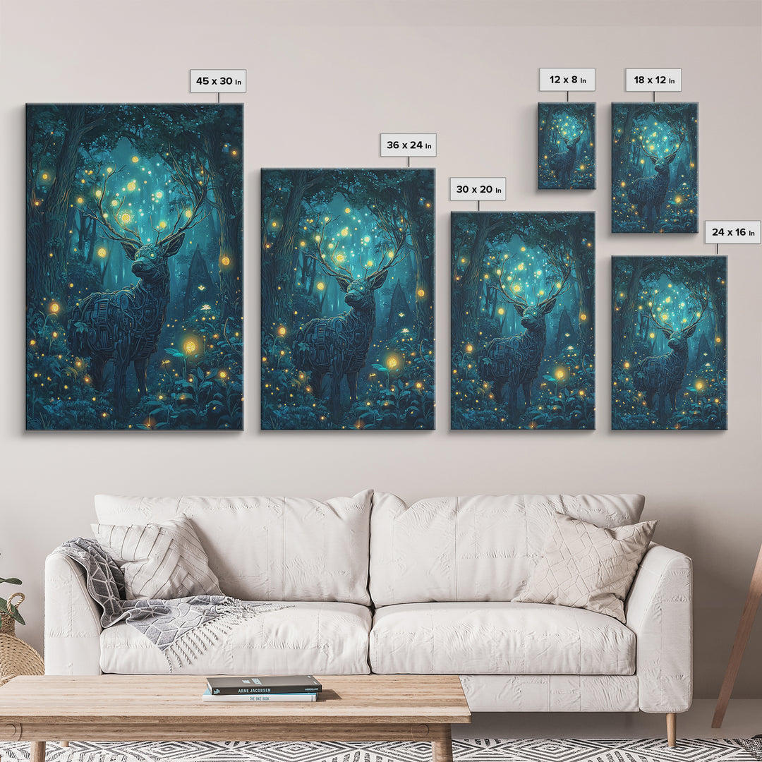Mechanical Deer In Enchanted Forest Wall Art, Glowing Firefly Fantasy, Cyberpunk Animal Art, Whimsical Nature Canvas Print