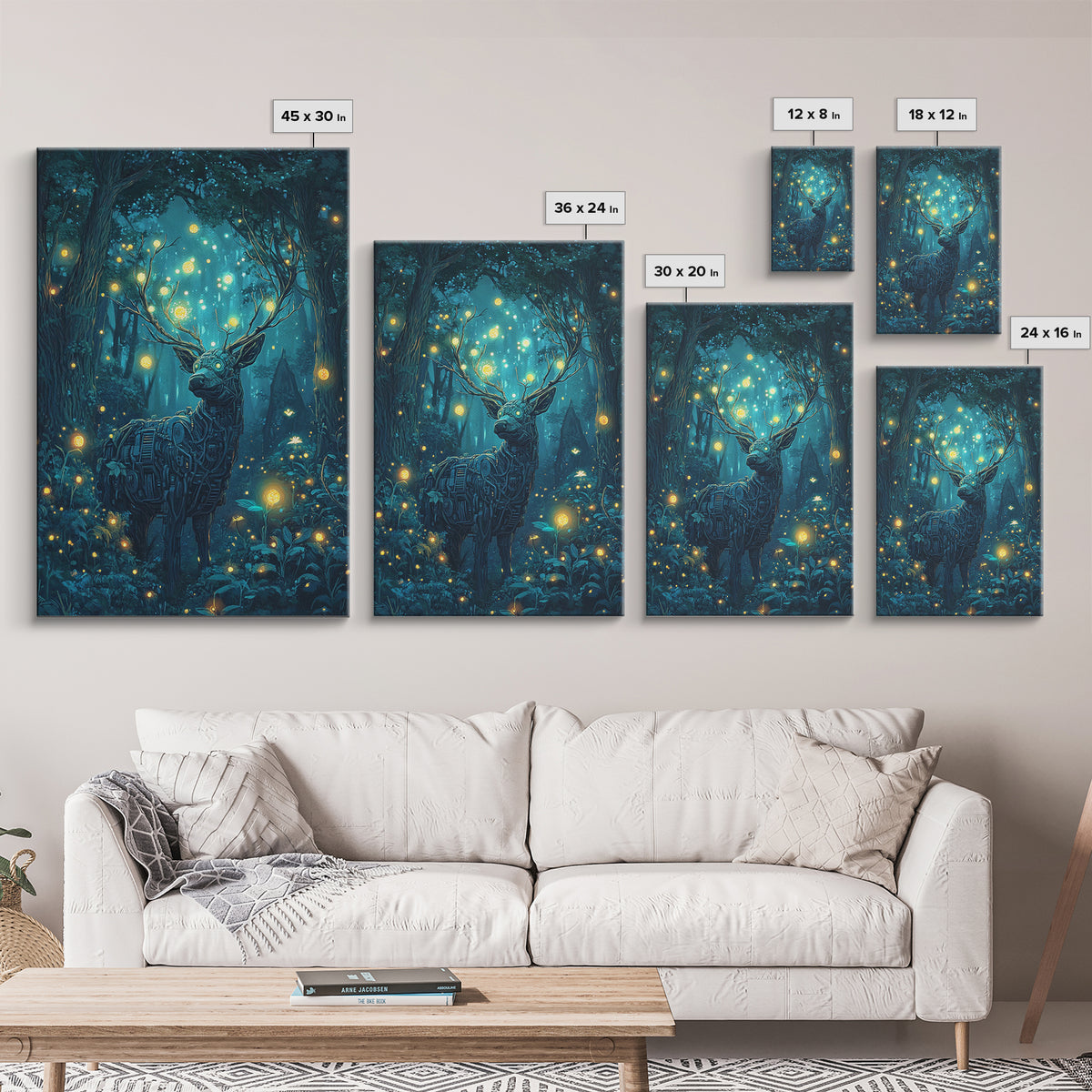 Mechanical Deer In Enchanted Forest Wall Art, Glowing Firefly Fantasy, Cyberpunk Animal Art, Whimsical Nature Canvas Print
