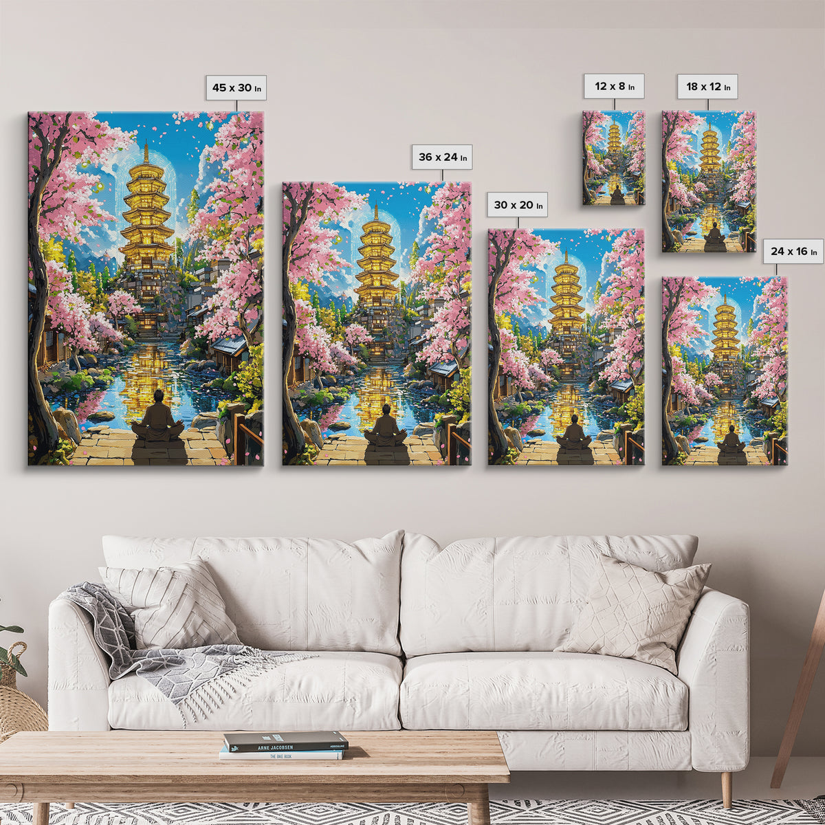 Golden Pagoda Reflecting On Canal Framed Canvas Print, Japanese Cherry Blossom Wall Art, Zen Landscape, Asian Home Decor