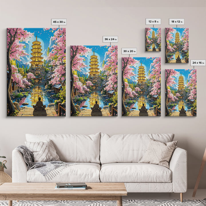 Golden Pagoda Reflecting On Canal Framed Canvas Print, Japanese Cherry Blossom Wall Art, Zen Landscape, Asian Home Decor