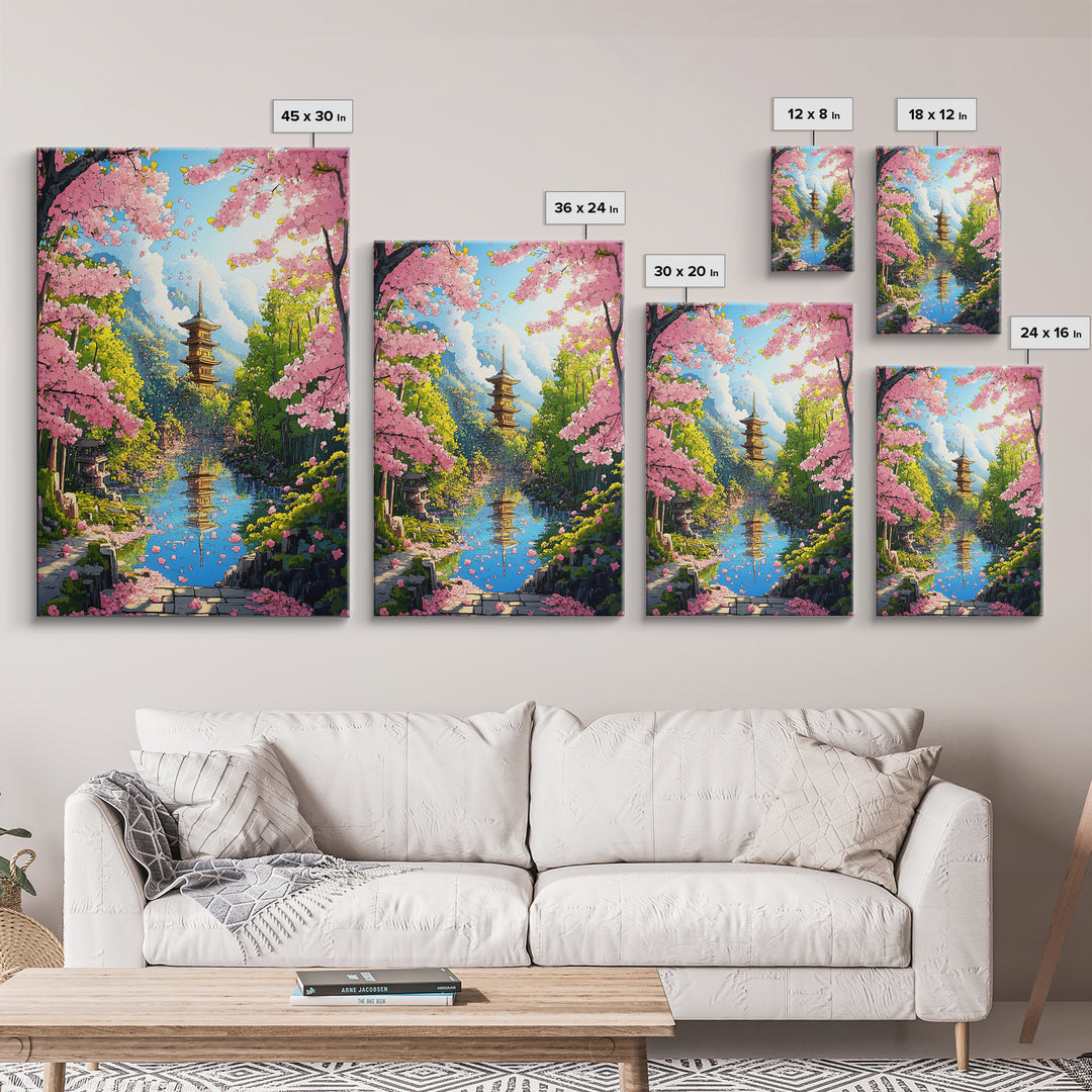 Cherry Blossom River Pagoda Canvas Print, Japanese Mountain Landscape Wall Art, Spring Nature Decor, Calming Living Room Art