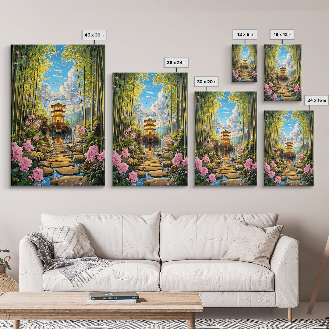 Bamboo Grove Temple Over Water Wall Art, Japanese Zen Landscape, Cherry Blossom Path, Japandi Decor, Framed Canvas Print