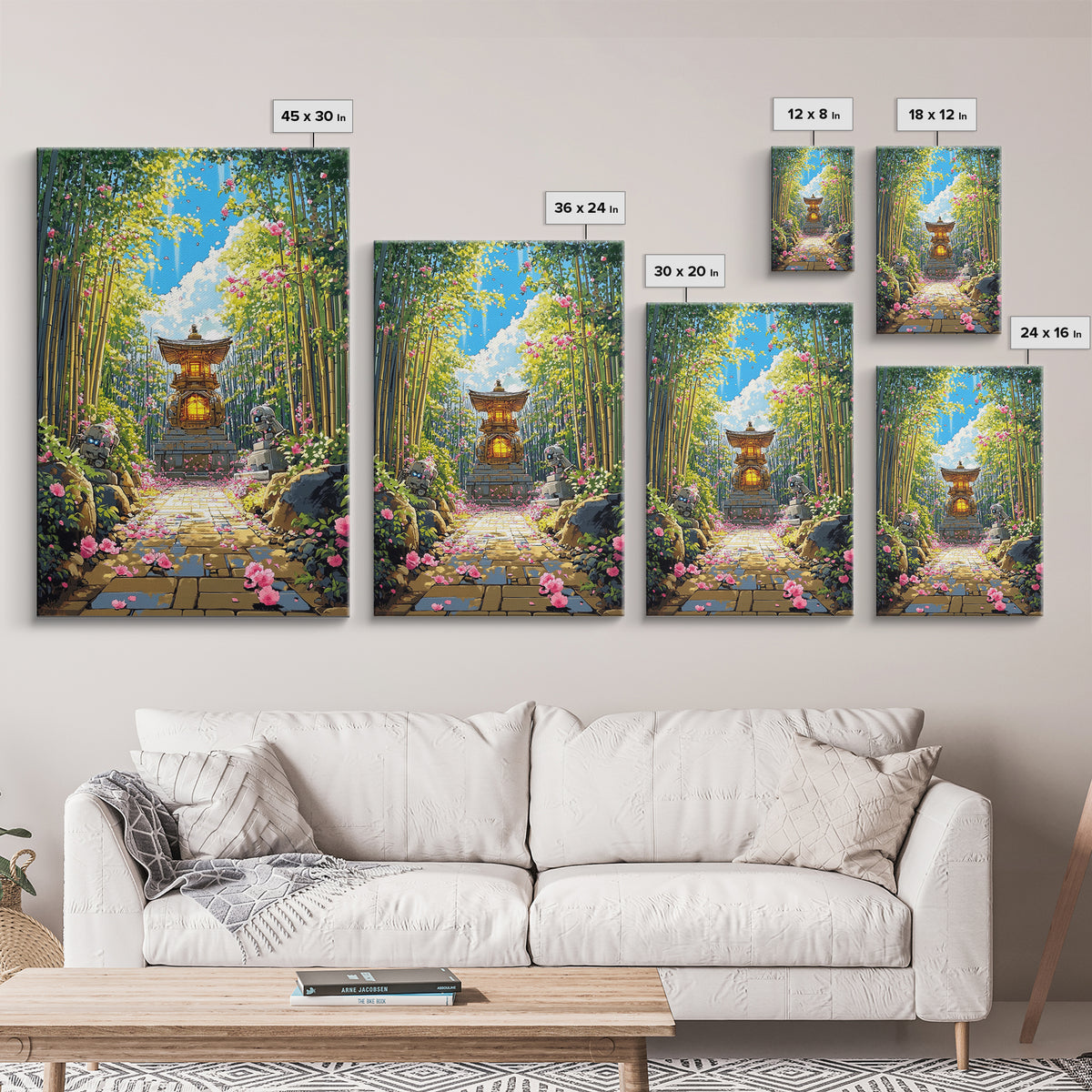 Sunlit Bamboo Garden Shrine Wall Art, Japanese Lantern Path, Pink Flower Decor, Zen Nature Art, Large Framed Canvas Print