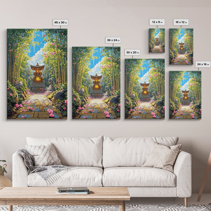 Sunlit Bamboo Garden Shrine Wall Art, Japanese Lantern Path, Pink Flower Decor, Zen Nature Art, Large Framed Canvas Print