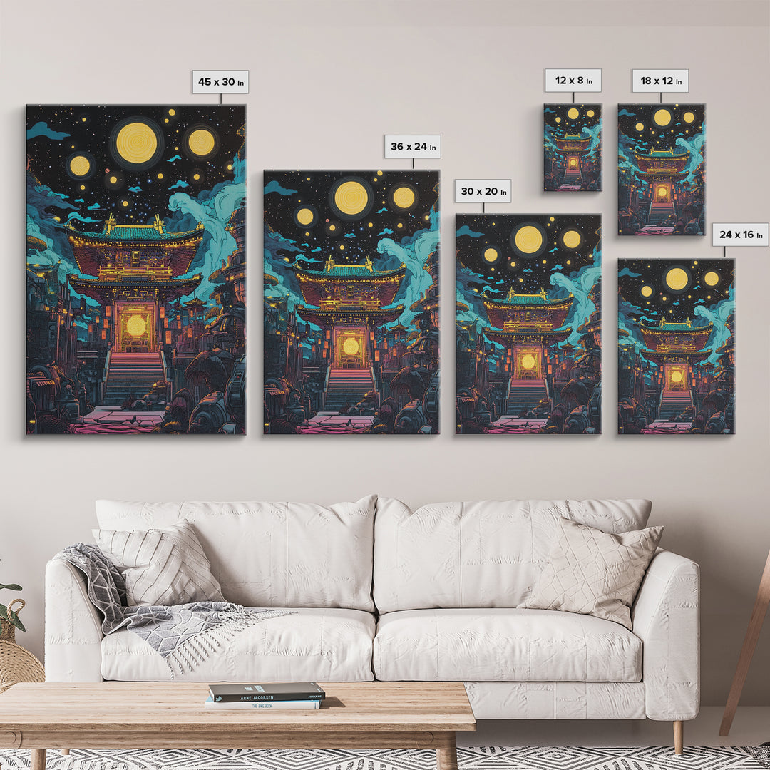Starry Night Japanese Temple Wall Art, Glowing Moon Sci Fi Fantasy, Asian Cyberpunk Decor, Dark Academia Canvas Print, Home Decor