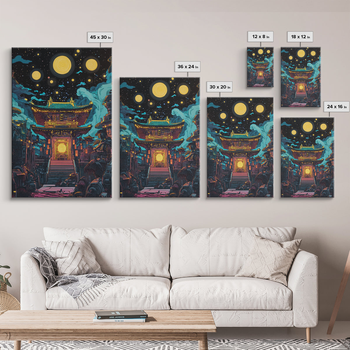 Starry Night Japanese Temple Wall Art, Glowing Moon Sci Fi Fantasy, Asian Cyberpunk Decor, Dark Academia Canvas Print, Home Decor
