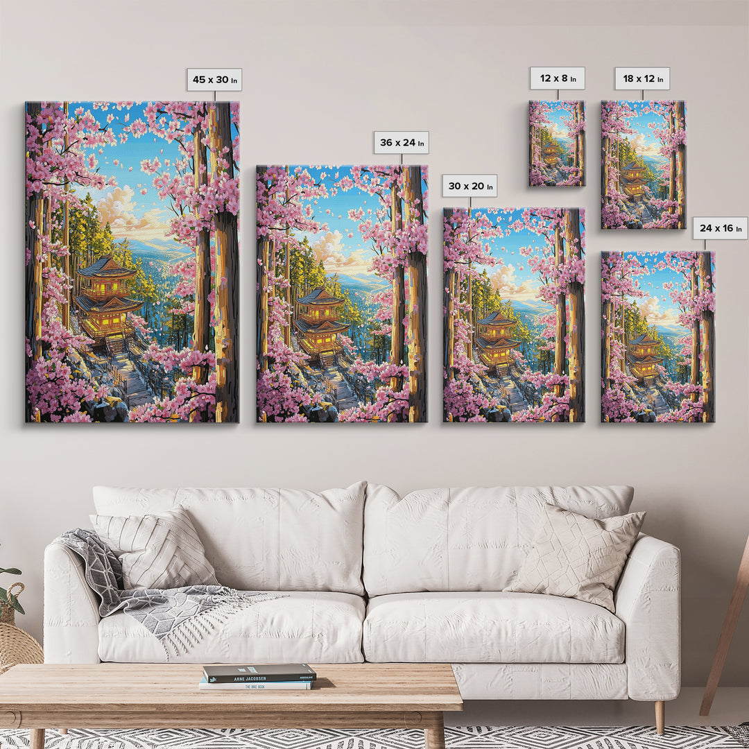 Cherry Blossom Pagoda Forest Wall Art, Japanese Landscape Canvas, Sakura Temple Print, Japandi Home Decor Gift For Living Room